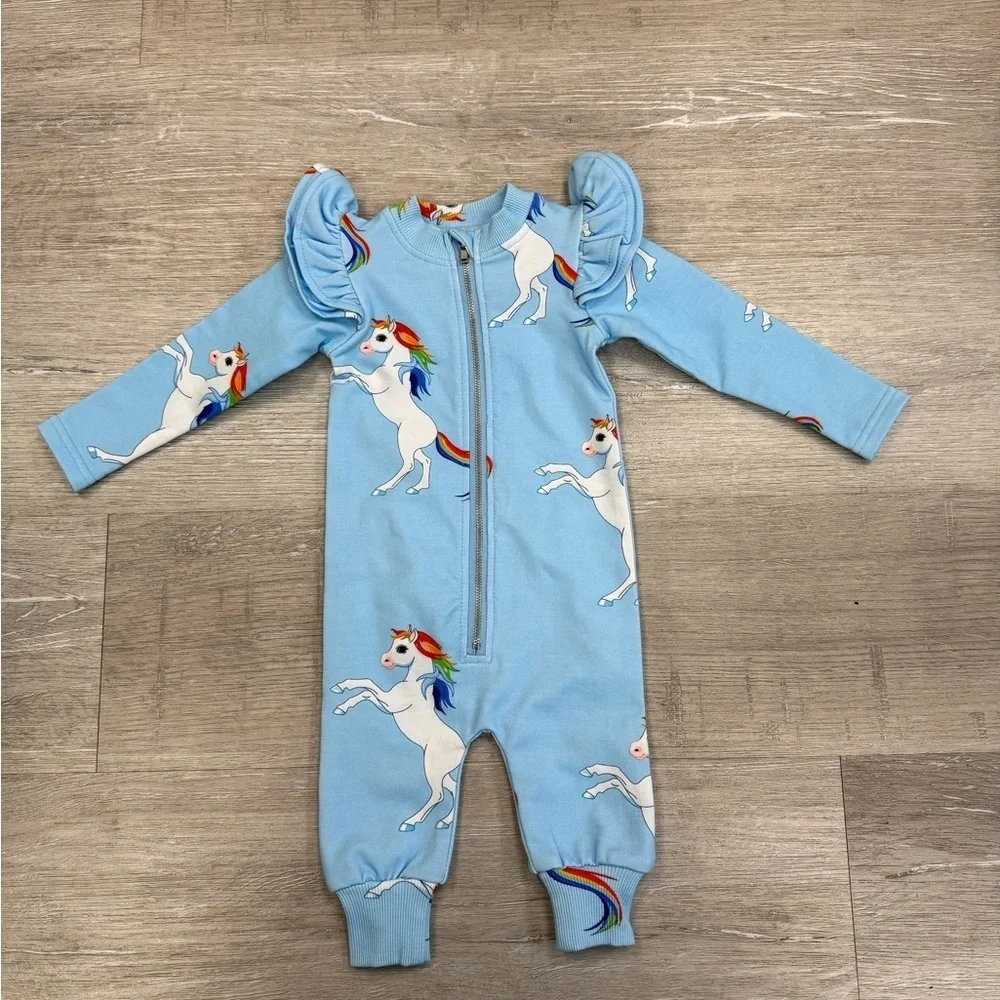 Romey Lulu Blue & White Unicorn Footie - Size 0-3 Months